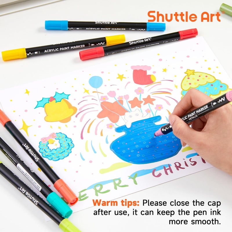 Shuttle Art 28 Colors Dual Tip Acrylic Paint Markers, Brush Tip and Dot Tip Acrylic Paint Pens for Rock, Ceramic, Wood, Canvas, Plastic, Glass, Stone, Calligraphy, Card Making, Crafts & Nail Art - Image 4